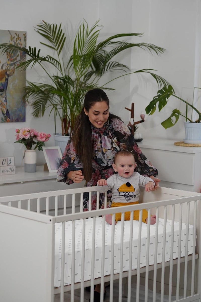 BaeBae Goods Premium Crib Sheets for Baby Boys and Girls, 4 Pack, Soft and Breathable Jersey Knit Fitted Sheet Set, Grey and White, Cute Gender Neutral Nursery Mattress Bedding, Universal Fit - Image 3